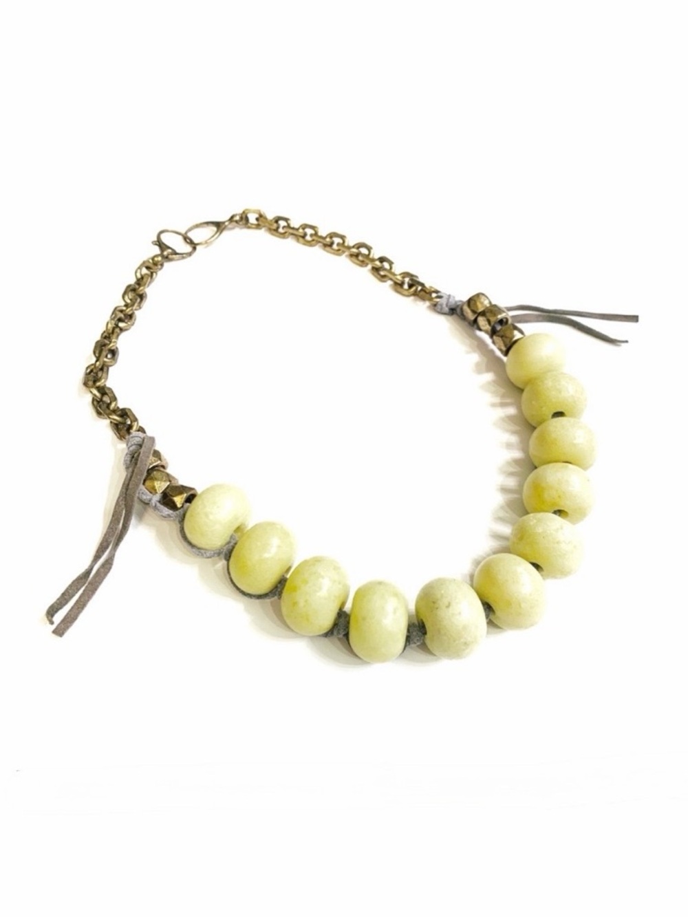 Fossil Yellow Beaded Necklace With Gray Leather NWOT
